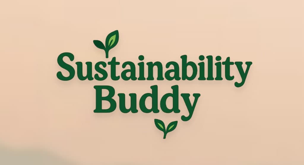Sustainability Buddy logo with green sprouts on a cream background